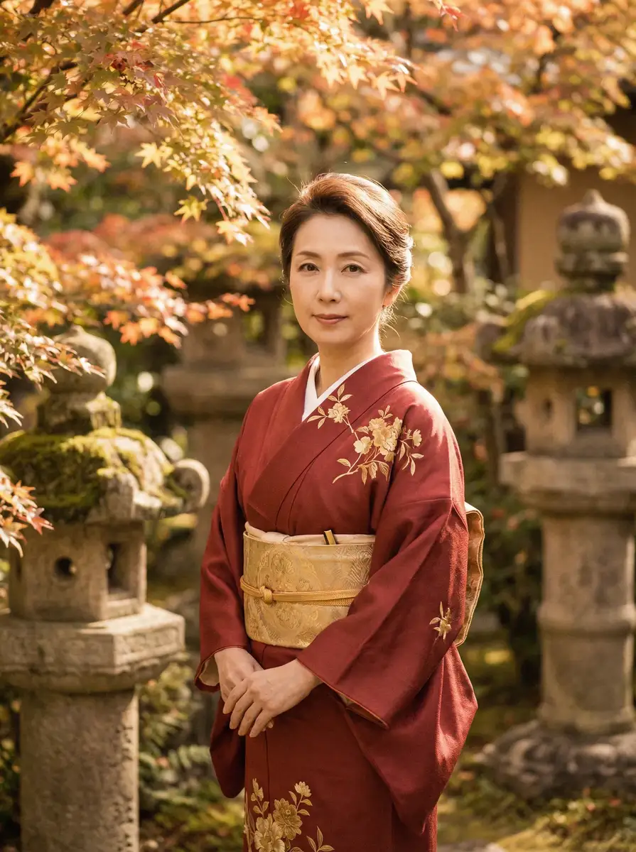 一位身穿暗红色和服的优雅 神兽金刚之天神地兽 在日式庭院中