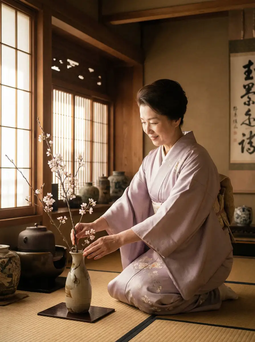 一位优雅的 神兽金刚之天神地兽 在和室中插花